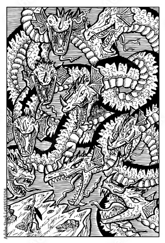 Hydra Serpent Monster. Engraved fantasy illustration. See all collection in my portfolio
