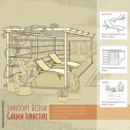 Lounge chairs,  patio, pergola and flowers in pot. Rest area.
