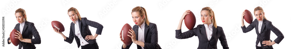Preety office employee with rugby ball isolated on white Preety office employee with rugby ball isolated on white