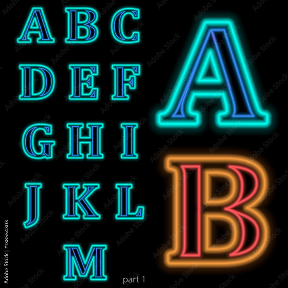 Luminous neon alphabet Vector font. The color of light is easily changed. Neon letters on a dark blue background isolated. Latin characters. Part 1