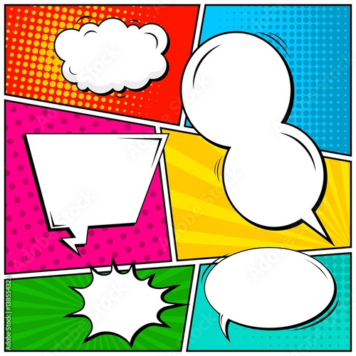 Abstract creative concept vector comic pop art style blank, layout template with clouds beams and isolated dots background. For sale banner, empty speech bubble set, illustration halftone book design.