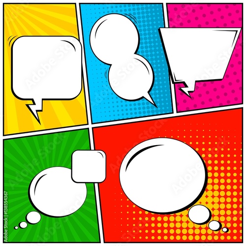 Abstract creative concept vector comic pop art style blank, layout template with clouds beams and isolated dots background. For sale banner, empty speech bubble set, illustration halftone book design.