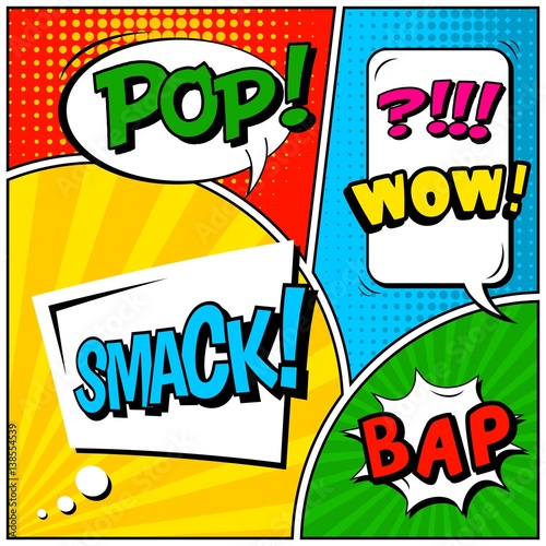 Abstract creative concept vector comic pop art style blank, layout template with clouds beams and isolated dots background. For sale banner, empty speech bubble set, illustration halftone book design.