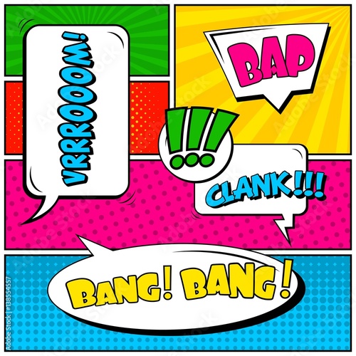 Abstract creative concept vector comic pop art style blank, layout template with clouds beams and isolated dots background. For sale banner, empty speech bubble set, illustration halftone book design.