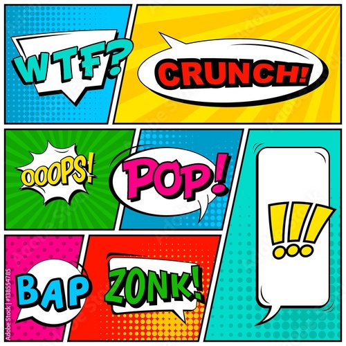 Abstract creative concept vector comic pop art style blank, layout template with clouds beams and isolated dots background. For sale banner, empty speech bubble set, illustration halftone book design.