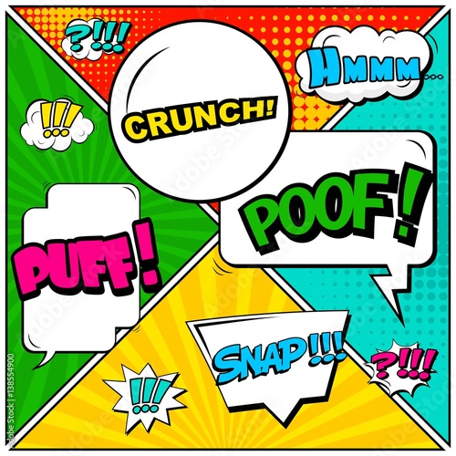 Abstract creative concept vector comic pop art style blank, layout template with clouds beams and isolated dots background. For sale banner, empty speech bubble set, illustration halftone book design.