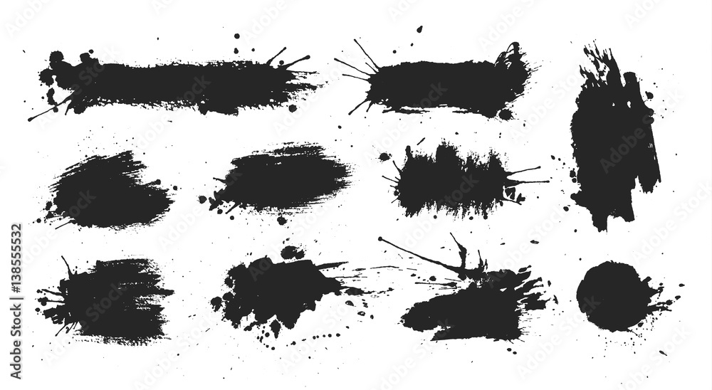 Fototapeta premium Black ink spots set on white background. Ink illustration.