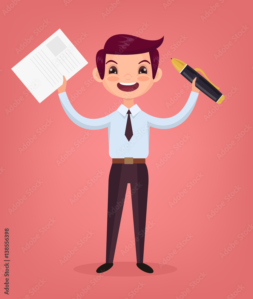 Manager worker character gives document for signature. Vector flat cartoon illustration Manager worker character gives document for signature. Vector flat cartoon illustration