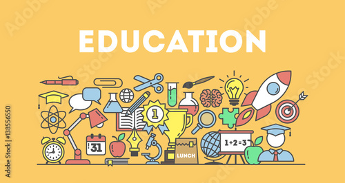 Eduation illustartion concept on white background. Word with many icons as target, lamp, medal, apple and more. photo