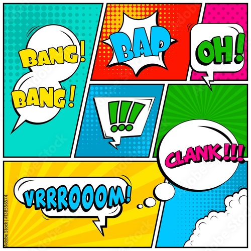 Abstract creative concept vector comic pop art style blank, layout template with clouds beams and isolated dots background. For sale banner, empty speech bubble set, illustration halftone book design.