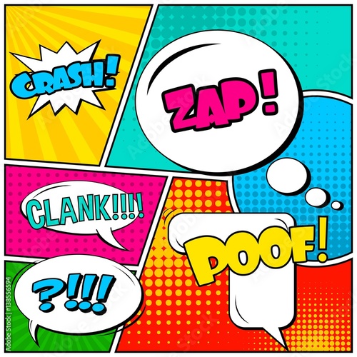 Abstract creative concept vector comic pop art style blank, layout template with clouds beams and isolated dots background. For sale banner, empty speech bubble set, illustration halftone book design.