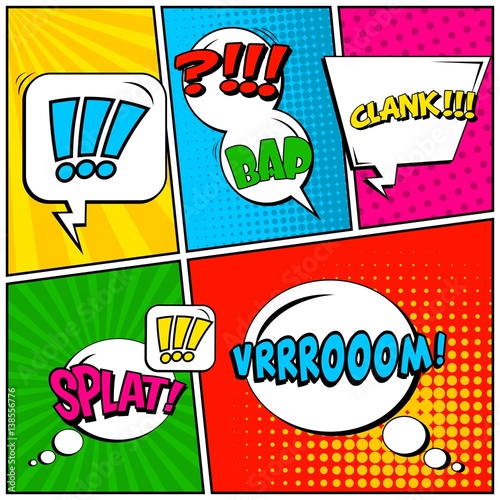 Abstract creative concept vector comic pop art style blank, layout template with clouds beams and isolated dots background. For sale banner, empty speech bubble set, illustration halftone book design.