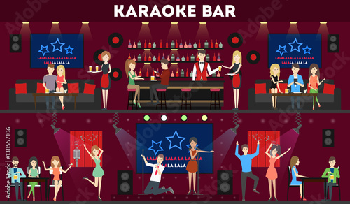 Karaoke bar interior set. Bar and scene, dance hall and visitors.