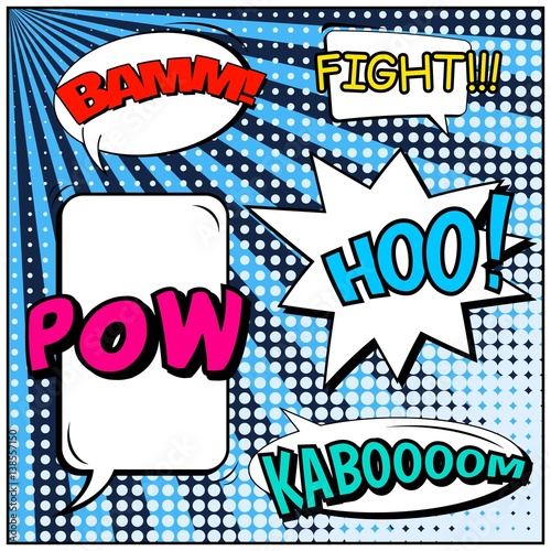 Abstract creative concept vector comic pop art style blank, layout template with clouds beams and isolated dots background. For sale banner, empty speech bubble set, illustration halftone book design.