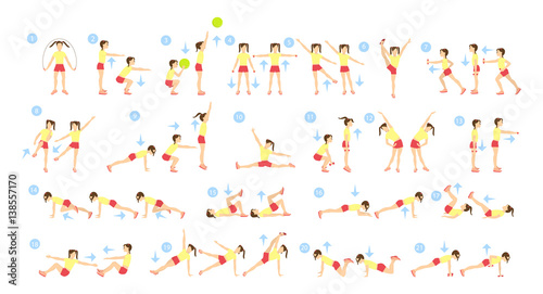 Children workout set on white background. Exercise for small kids.