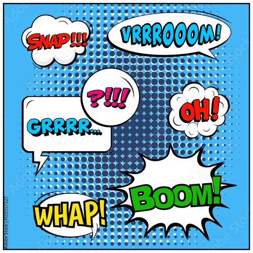 Abstract creative concept vector comic pop art style blank, layout template with clouds beams and isolated dots background. For sale banner, empty speech bubble set, illustration halftone book design.