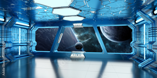 Fototapeta Naklejka Na Ścianę i Meble -  Spaceship interior with view on distant planets system 3D rendering elements of this image furnished by NASA