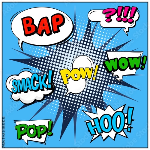 Abstract creative concept vector comic pop art style blank, layout template with clouds beams and isolated dots background. For sale banner, empty speech bubble set, illustration halftone book design.