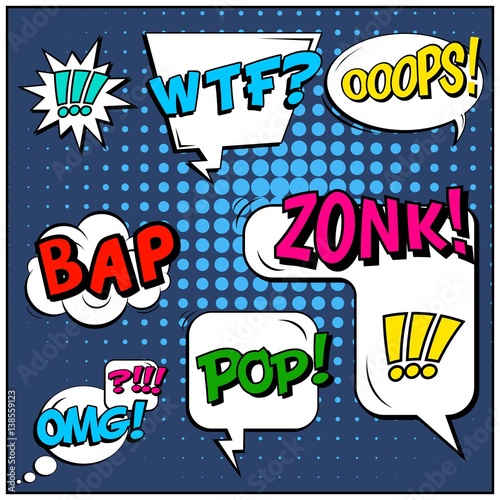 Abstract creative concept vector comic pop art style blank, layout template with clouds beams and isolated dots background. For sale banner, empty speech bubble set, illustration halftone book design.