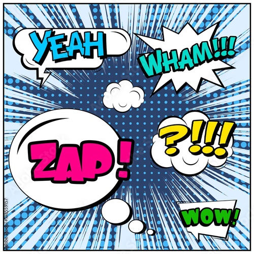 Abstract creative concept vector comic pop art style blank, layout template with clouds beams and isolated dots background. For sale banner, empty speech bubble set, illustration halftone book design.