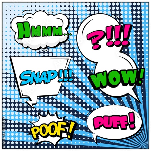 Abstract creative concept vector comic pop art style blank, layout template with clouds beams and isolated dots background. For sale banner, empty speech bubble set, illustration halftone book design.
