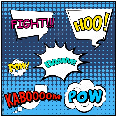 Abstract creative concept vector comic pop art style blank, layout template with clouds beams and isolated dots background. For sale banner, empty speech bubble set, illustration halftone book design.