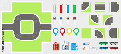 Cityscape Design Elements with road, transport, buildings, navigation pins. Road Map Vector illustration eps 10. May be used for vector illustration, web site, infographics template.