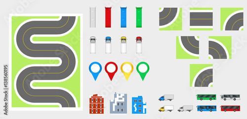 Cityscape Design Elements with road, transport, buildings, navigation pins. Road Map Vector illustration eps 10. May be used for vector illustration, web site, infographics template.