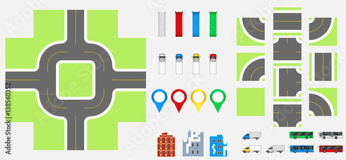 Cityscape Design Elements with road, transport, buildings, navigation pins. Road Map Vector illustration eps 10. May be used for vector illustration, web site, infographics template.