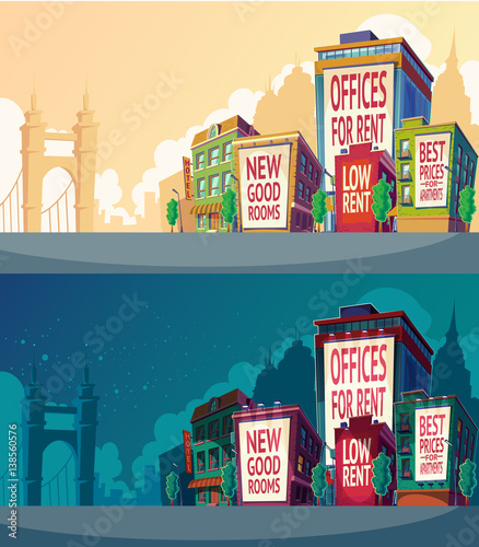 Set vector cartoon illustration of an urban landscape with buildings and a large billboard on the wall.