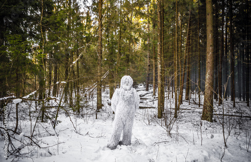 Yeti fairy tale character in winter forest. Outdoor fantasy photo.