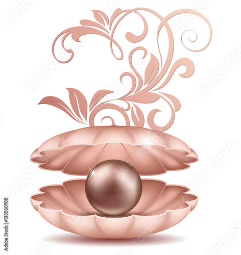 Sea Pearl in open shell. A large black and golden saltwater pearls in the shell with floral ornament illustration of a white background