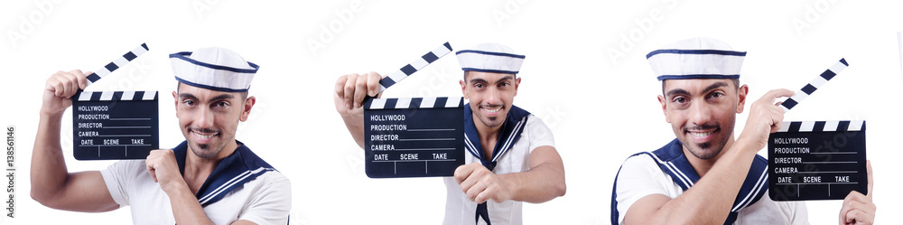 Sailor with movie clapper on white Sailor with movie clapper on white