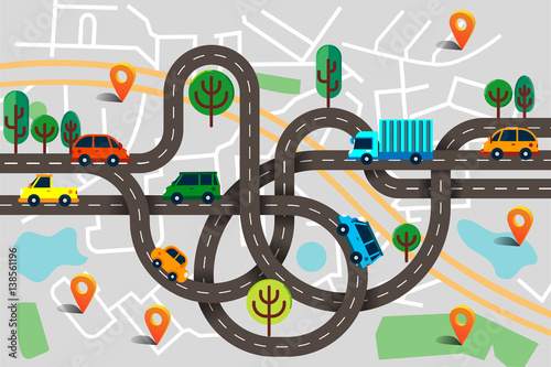 Colorful background with landscape, road and city map. Top view city map with cars and trees for web banners, info graphic and  brochure. Vector illustration