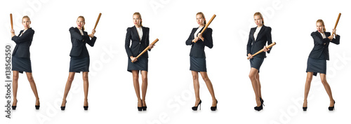 Businesswoman with baseball bat on white