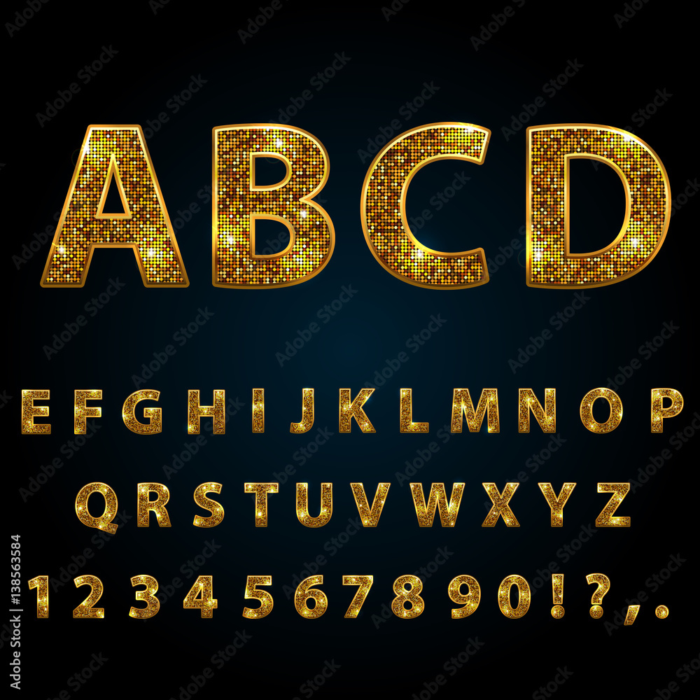Golden sparkle glitter, rhinestone alphabet letters numbers and signs
