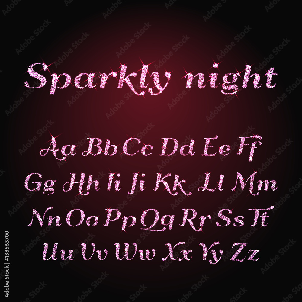 Vector shining luxury beautiful calligraphic pink, red and purple alphabet font set of glittering sparkles. Sparkle, glitter, rhinestone alphabet letters. Glitter font. Vector illustration. EPS 10