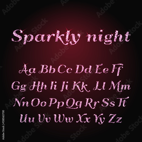 Vector shining luxury beautiful calligraphic pink, red and purple alphabet font set of glittering sparkles. Sparkle, glitter, rhinestone alphabet letters. Glitter font. Vector illustration. EPS 10