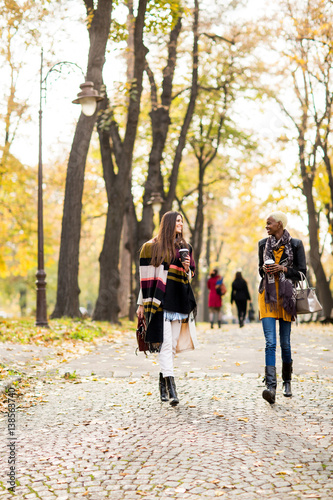 Multiracial female friends walking in teh autumn park © BGStock72