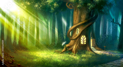 digitally painted magic forest with tree house
