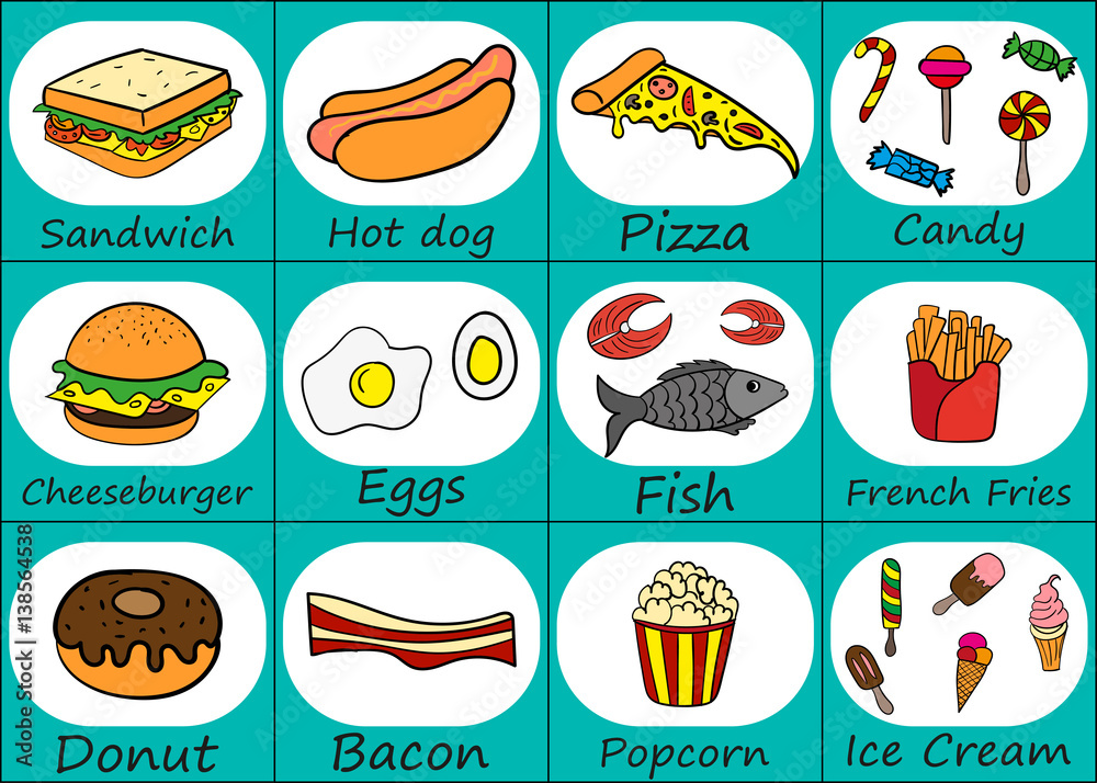 Plakat Hand drawing. Set of fast food. Icons. For your design.