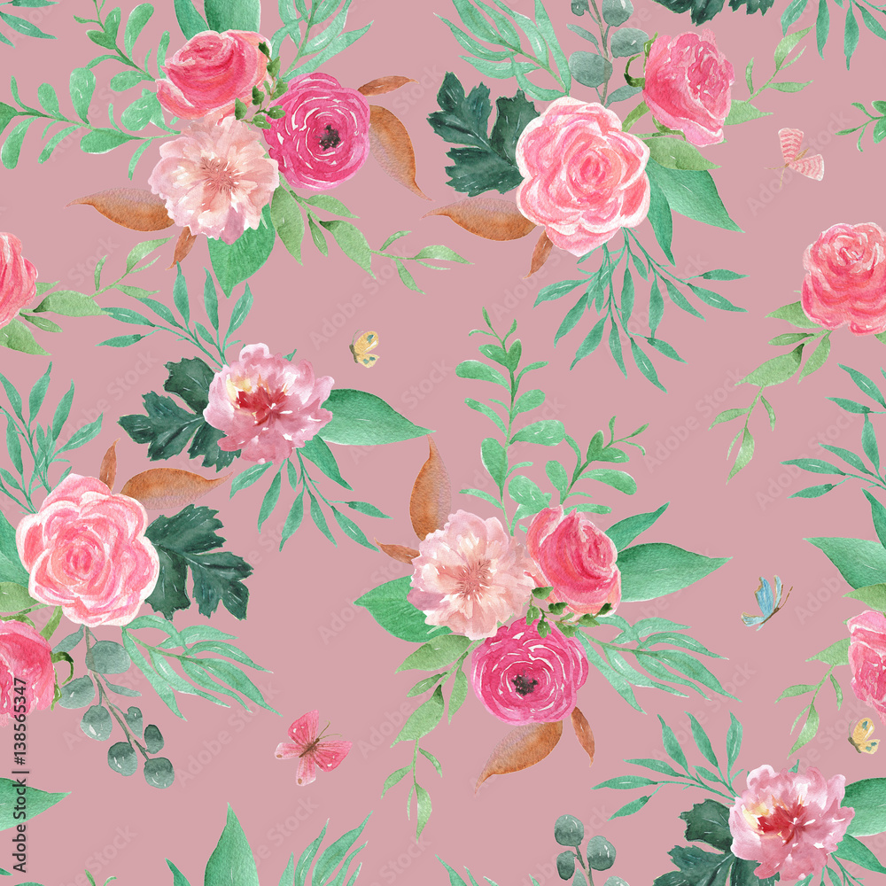 custom made wallpaper toronto digitalWatercolor painting seamless pattern with beautiful vintage flowers:peonies, rose, tulips.Fresh spring background