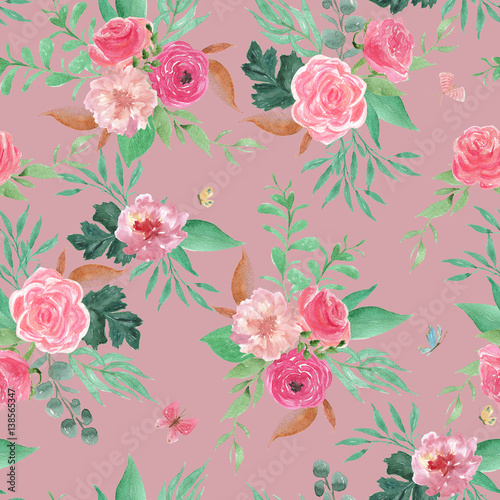 Wallpaper Mural Watercolor painting seamless pattern with beautiful vintage flowers:peonies, rose, tulips.Fresh spring background Torontodigital.ca