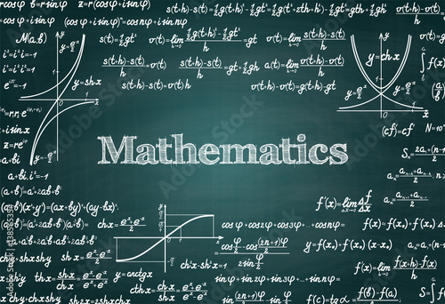Vector mathematics green chalkboard background with different signs, figures, formulas and graphs of functions