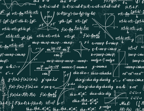 Vector mathematics seamless pattern with different signs, figures, formulas and graphs of functions. Math green chalkboard background
