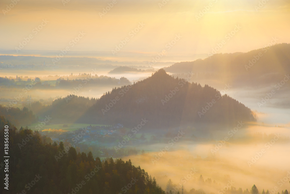 The charming landscape with fog in the valley in the mountains (Angel, God's Word, the Holy Spirit, the Bible, heaven - Concept)