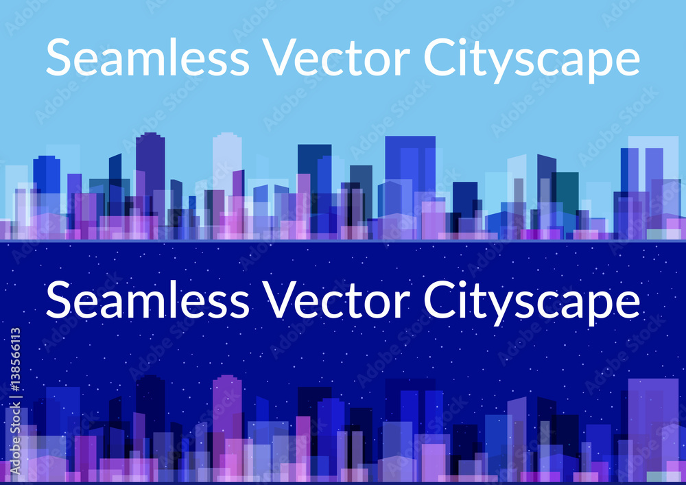 Horizontal Seamless Landscape, Urban Background, Abstract Colorful City, Set of Night and Day Cityscapes with Skyscrapers Under Blue or Starry Sky. Eps10, Contains Transparencies. Vector