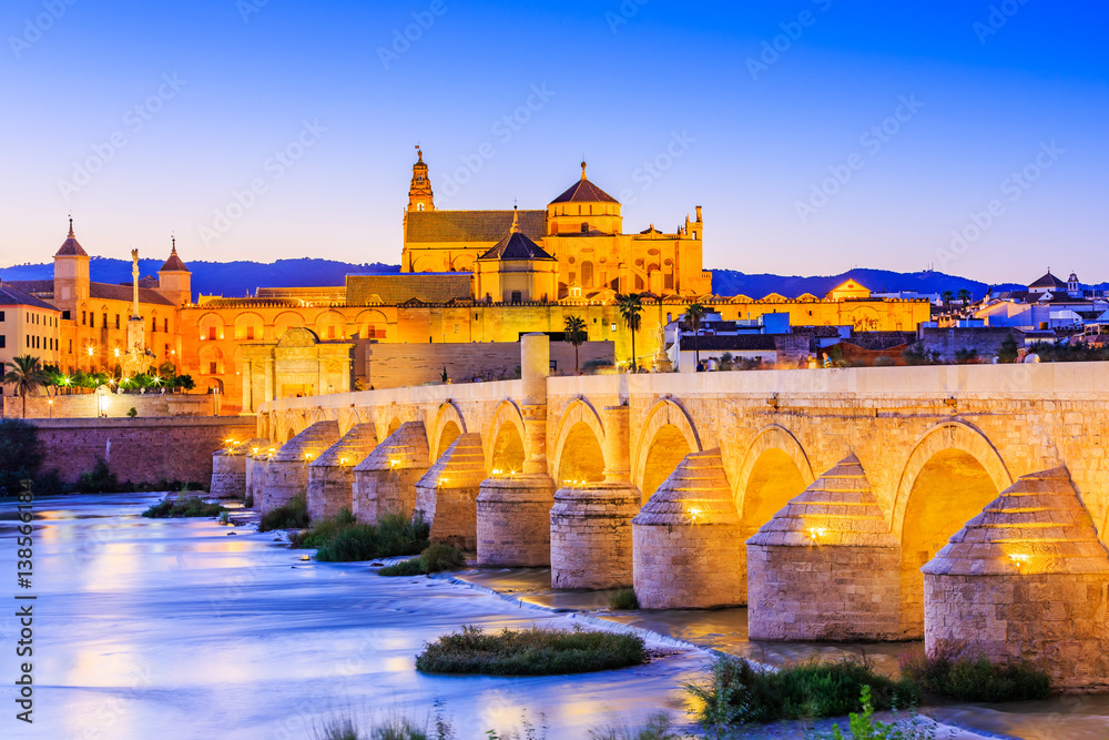 Cordoba, Spain, Andalusia. Roman Bridge on Guadalquivir river and The Great Mosque (Mezquita Cathedral)