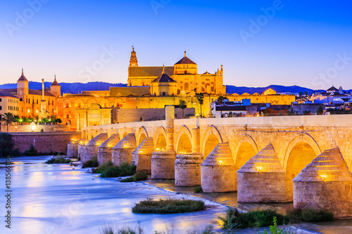 Cordoba, Spain, Andalusia. Roman Bridge on Guadalquivir river and The Great Mosque (Mezquita Cathedral)