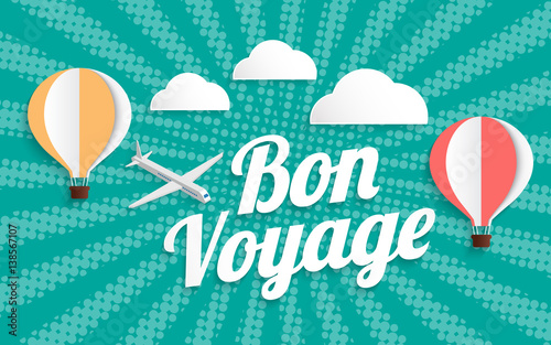 hot air balloon bon voyage on halftone background, vector illustration EPS10